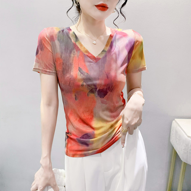2025 summer new fashion printed V-neck T-shirt for women short-sleeved European tie-dye mesh top slim half-sleeved shirt