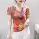 2025 summer new fashion printed V-neck T-shirt for women short-sleeved European tie-dye mesh top slim half-sleeved shirt