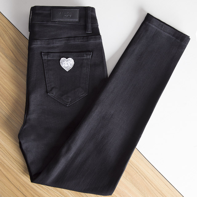 Embroidered black jeans women's tiny feet pants 2025 spring and summer new high-waisted slimming tight stretch pencil pants