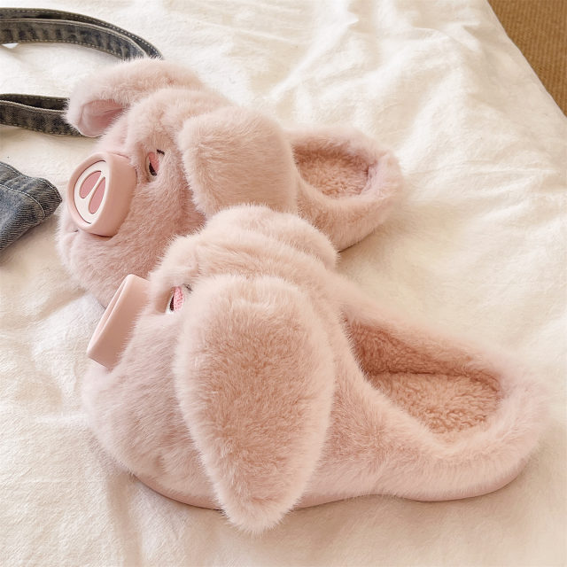 Cotton slippers for women, winter home indoor non-slip thick-soled plush cute piggy warm half-pack heel postpartum slippers