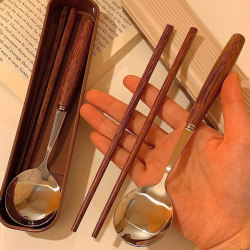 Caramel color chicken wing wood high-end cylindrical wooden handle chopsticks and spoons for students to bring their own tableware set when going out