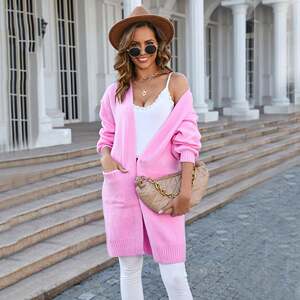 
2026 Spring New European and American Foreign Trade Women's Clothing Amazon Knitted Solid Color Pocket Mid-Length Fashion Sweater Jacket