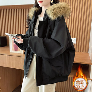 American style pie jacket with fur collar and cotton-padded coat for men and women in winter, thickened with cotton and warm, hooded workwear, cotton-padded jacket, trendy