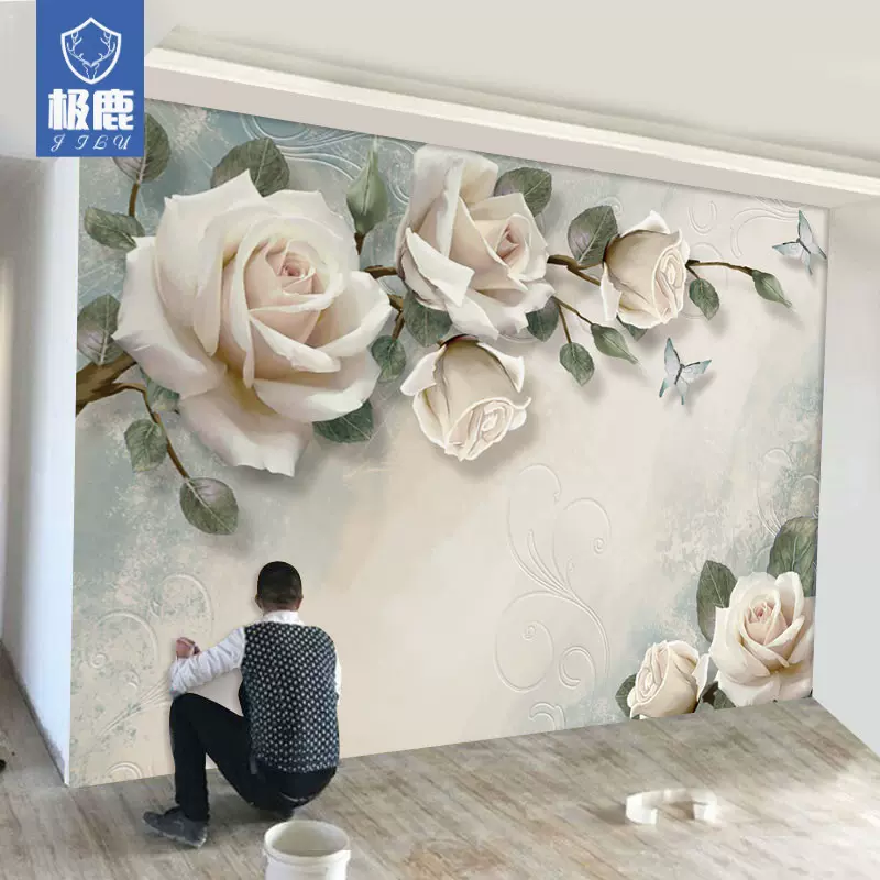 電視背景牆壁紙歐式5d裝飾牆布簡單客廳白玫瑰影極鹿