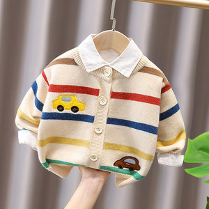 Baby and children cute embroidered car knitted cardigan boy and girl 2025 autumn and winter baby striped sweater children's jacket