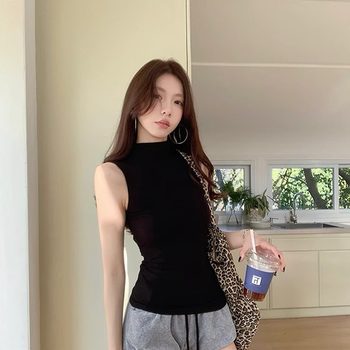 MosesQueen American half-high neck sleeveless vest for women's spring tight slim short top