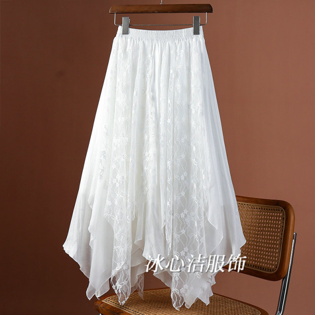 White irregular lace spliced ​​Organza skirt 2025 summer design niche slim midi skirt