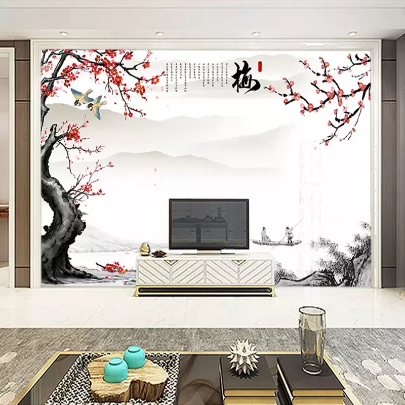 3d简约现代花鸟客厅电视背景墙纸新中式水墨意境梅山水画壁纸壁画