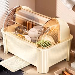 Tableware Storage Box, Dish Rack, Kitchen Household Multi-Functional Drain Rack with Lid, Dust-Proof Cupboard