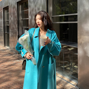 
Blue double-breasted double-sided wool coat for women mid-length over-knee strap full wool coat