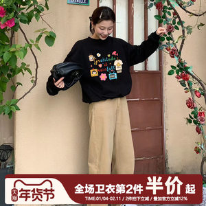 美式复古黑色无帽卫衣女2025新款春秋薄款小个子宽松慵懒加绒上衣