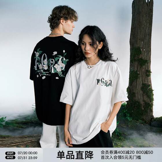 
FORNINES heavyweight embroidered short-sleeved T-shirt men and women fashion brand tops pure cotton clothes summer couple American half-sleeved