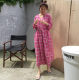 Korean version of V -neck tie thin long sleeve cotton and linen dress women's French retro lattice long skirt large size casual A -line skirt

