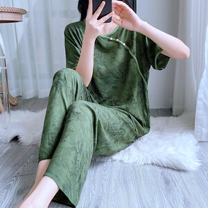 
Chinese style cotton silk pajamas for women in summer short-sleeved trousers artificial cotton silk new Chinese style thin loose home clothing set