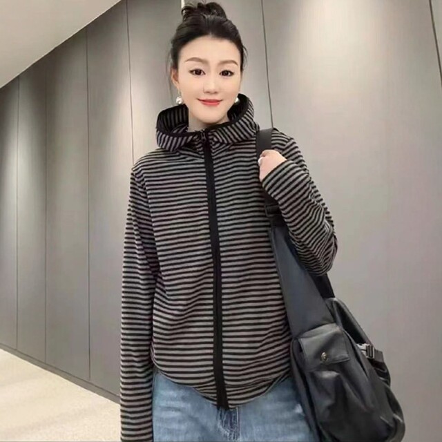 Korean striped top for women 2025 early spring new half turtleneck long-sleeved hoodie lazy loose versatile hoodie
