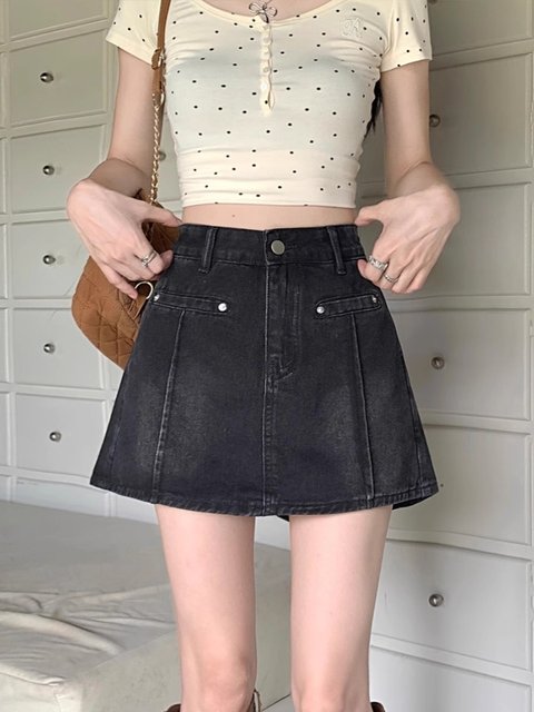 Black denim skirt for women in summer design niche large size hip skirt high waist A-line anti-exposure skirt pants
