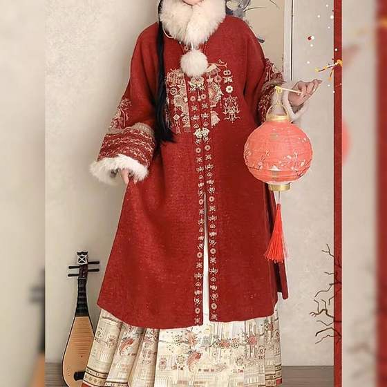 New Year's shirt, winter Chinese New Year Hanfu, women's embroidery, thickened square collar, long coat, stand-up collar lining, horse-faced skirt, plain suit