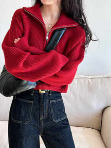 
Design-sensory half turtleneck zipper red sweater women's short spring new high-waist sweater loose thick top