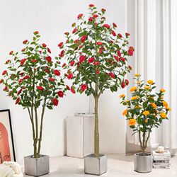 High-End Artificial Camellia Tree Indoor Fake Flower Plant for Living Room, Light Luxury Atmosphere, Soft Decoration with Green Plant Ornaments