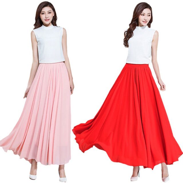 Chiffon half -bodies long skirt female spring big fairy skirt, wine red high waist pleated A -line skirt
