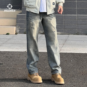 
Men's straight-leg jeans, new ripped, slim-fitting, drawstring sports trousers, loose, large size, wide-leg pants, machete pants