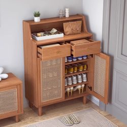 Fuqiaojiang Nordic Solid Wood Rattan Shoe Cabinet Entryway Cabinet Home Doorway Multi-Layer Large Capacity Storage Cabinet Shoe Rack