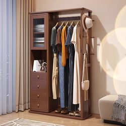 Luxurious Rotatable Solid Wood Coat Rack with Integrated Dressing Mirror, Floor-Standing Coat Rack for Home Bedroom, Multifunctional Storage