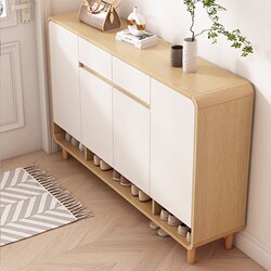 Round-Cornered Natural Wood Cream-Style Shoe Cabinet for Home Entrance, Indoor Foyer, Integrated Entryway, Large Capacity, Multi-Layer Storage