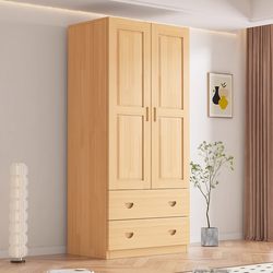Ouyayijia Solid Wood Wardrobe, Natural Wood, All Solid Wood, Small Apartment Children's Wardrobe, Single or Double Door, Home Bedroom Storage Cabinet