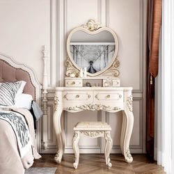 Luxurious European-Style Dressing Table for Bedroom, New Light Luxury High-End Solid Wood Small Makeup Mirror Dressing Table