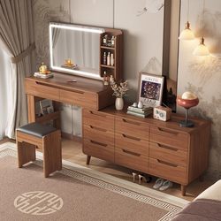Wanban Yi New Chinese Style Dressing Table Bedroom 2024 New Model Solid Wood Color Makeup Table with Mirror, Desk, and Chest of Drawers Integrated