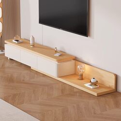 Yangman Solid Wood Cream-Style Tv Cabinet and Coffee Table Set for Living Room, Floor-Standing, Suitable for Small Apartments, Modern Minimalist with Light Strip