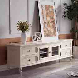 Luxurious American-Style Solid Wood Tv Cabinet and Coffee Table Set for Living Room, White Modern Minimalist Small Apartment Storage Unit