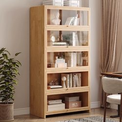 Yiqimei Solid Wood Bookshelf Floor-Standing Storage Rack Household Children's Dust-Proof Bookcase with Glass Cabinet Door Storage Cabinet