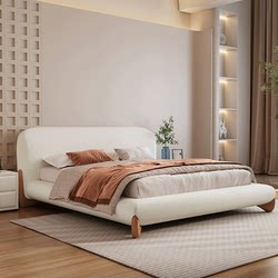 Italian-Style Minimalist Cream-Colored Bed for Small Apartments, Solid Wood Bed with a Soft Lamb Wool Upholstery, Double Bed
