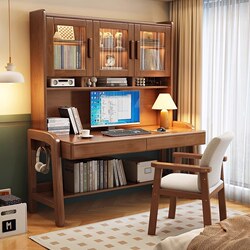 Yangman Solid Wood Desk Bookshelf Integrated Computer Desk Modern Simple Home Office Desk Bedroom Student Writing Desk