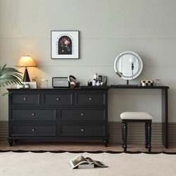 Eisen's American-Style Retro Solid Wood Chest of Drawers and Dressing Table Integrated at the End of the Bed in the Bedroom, Classic Black French-Style Dressing Table