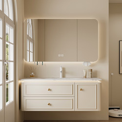Dipurui Cream-Style Bathroom Cabinet Combination with Integrated Basin, Ceramic Rock Slab, Oak French-Style Washbasin, Hand Wash Basin with Rounded Corners