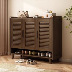Yangman Nordic Style Louvered Door Solid Wood Shoe Cabinet Breathable Storage Cabinet Small Apartment Entryway Cabinet Three-Door Shoe Cabinet for Home Use