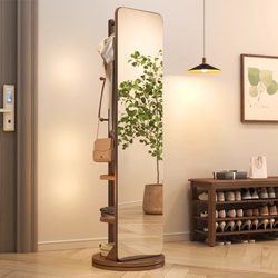 Luxurious Solid Wood Full-Length Mirror, Floor-Standing Mirror for Home Bedroom, Rotatable and Movable Fitting Mirror with Integrated Clothes Rack