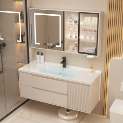 Qiyu Cream Style Solid Wood Bathroom Cabinet Set with Integrated Ceramic Basin, Washbasin Cabinet Set for Bathroom