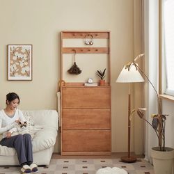 Eisen Solid Wood Ultra-Thin Tipping Shoe Cabinet for Home Entrance, Living Room, Small Apartment Storage, Floor-Standing High Entryway Cabinet