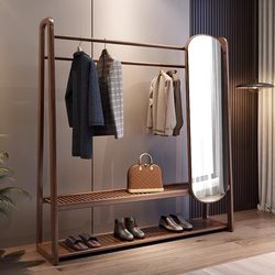 Beiju Solid Wood Coat Rack Floor-Standing Bedroom Coat Rack with Mirror Integrated Coat Rack Full-Length Dressing Mirror Multi-Functional
