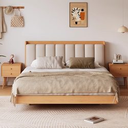 Fuqiaojiang Beech Solid Wood Bed Japanese Style Upholstered Floating Bed 1.8m Natural Wood Cream Style Bed Tatami Children's Bed
