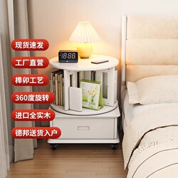 Yangman Solid Wood Bedside Table with Rotating Bookshelf and Integrated Storage Rack for Home Bedroom, Mobile Bookshelf with Wheels for Bedside Storage