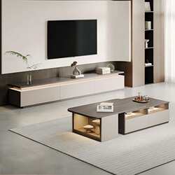 Haoxia's New Tv Cabinet and Extendable Coffee Table Set, Light Luxury, High-End Feel, Modern Minimalist Living Room Floor-Standing for Home Use