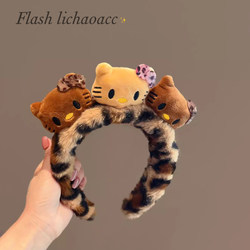 Cute Cat Plush Headband Korean Style Texture Pressure Hair Headband Autumn and Winter New Leopard Print Face Wash Bundle Hair Head Hole Hair Accessories