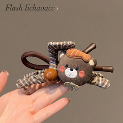 Korean Style Versatile Fabric Bear Hair Clip Round Bead Cartoon Hairpin Shark Clip 2025 New Plaid Bow Hair Clip