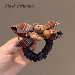 Plaid Bow Flocked Bear Hair Tie Korean Style Cute Versatile Ponytail Hair Rope Hair Accessory Autumn and Winter New Hair Rope