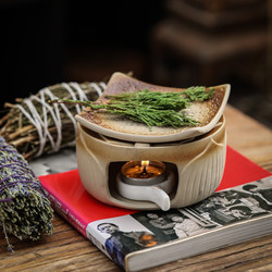 Tea Room Handmade Japanese-Style Ceramic Incense Burner with Cedar Fragrance, Candle Heating Tea Roasting Stove for Tabletop Display